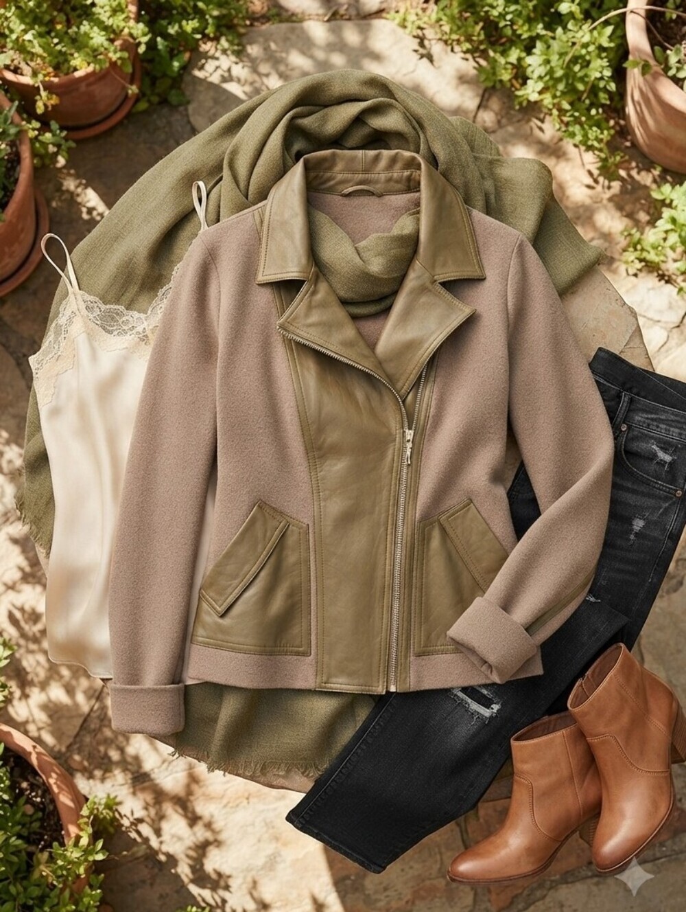 Anthropologie Sioni Green Faux Leather Knit Moto Jacket